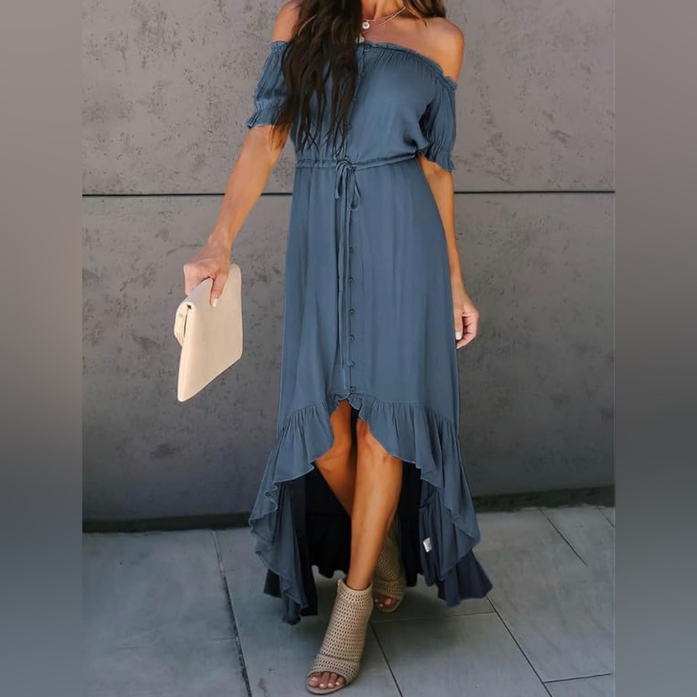 Off shoulder blue dress with high low hemline